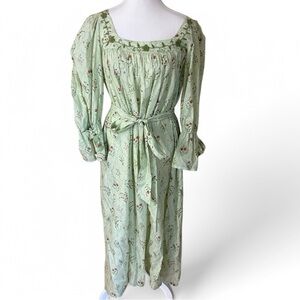 MI GOLONDRINA NWT Embroidered Eli Claro Verde Floral Long Dress Size L